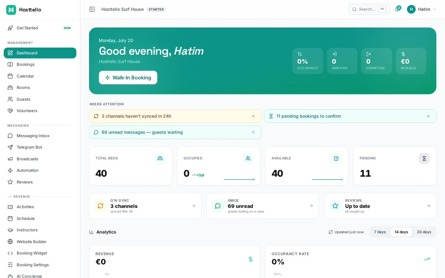 The Hosttello dashboard: occupancy, revenue and today's arrivals on one screen